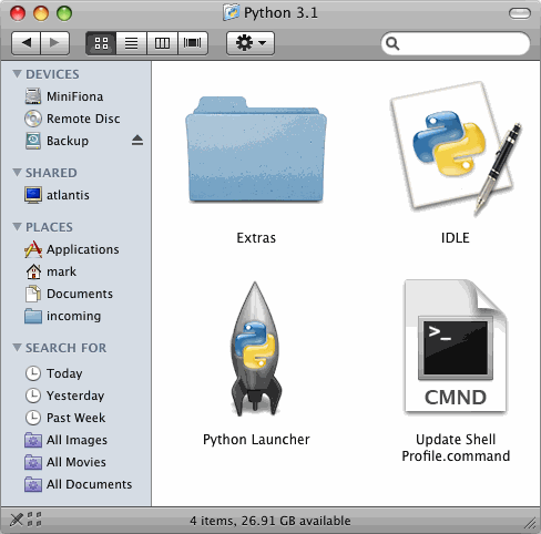 [contents of /Applications/Python 3.1/ folder]