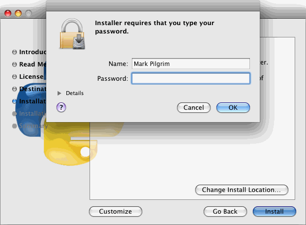 [Python installer: dialog to enter administrative password]