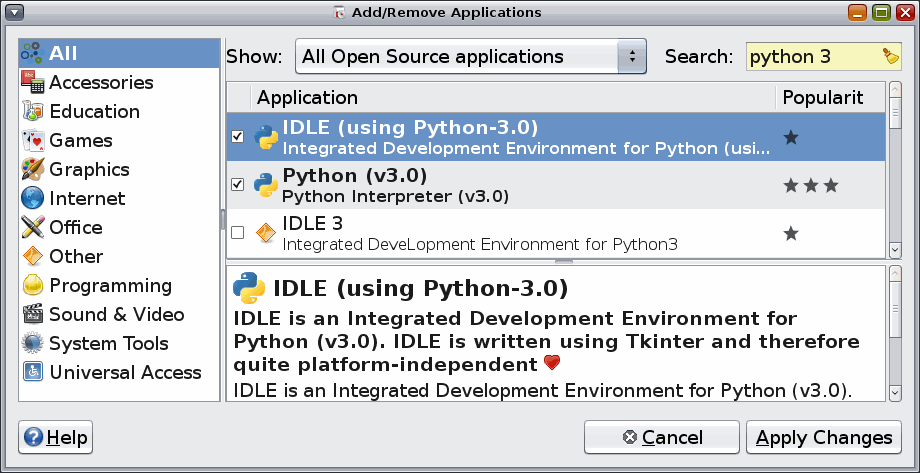 [Add/Remove: select IDLE for Python 3.0 package]