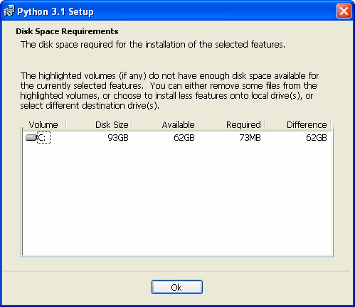 [Python installer: disk space requirements]